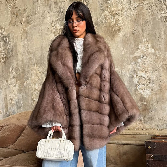 Elegant Color-blocked Fur Coat With A Lapel And Long Sleeves by Ricaloux