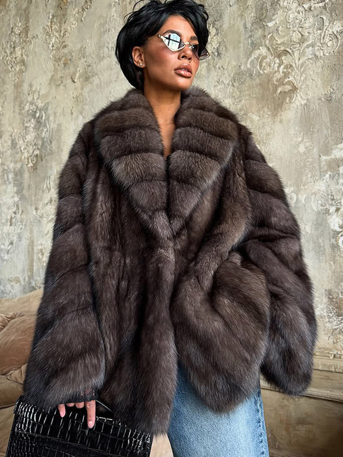 Elegant Color-blocked Fur Coat With A Lapel And Long Sleeves by Ricaloux