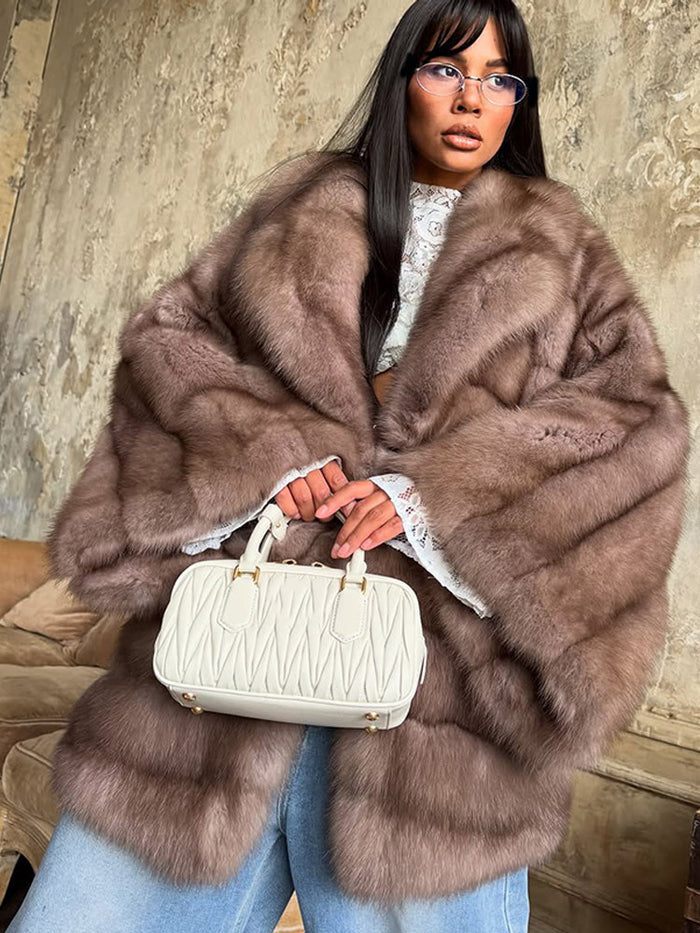 Elegant Color-blocked Fur Coat With A Lapel And Long Sleeves by Ricaloux
