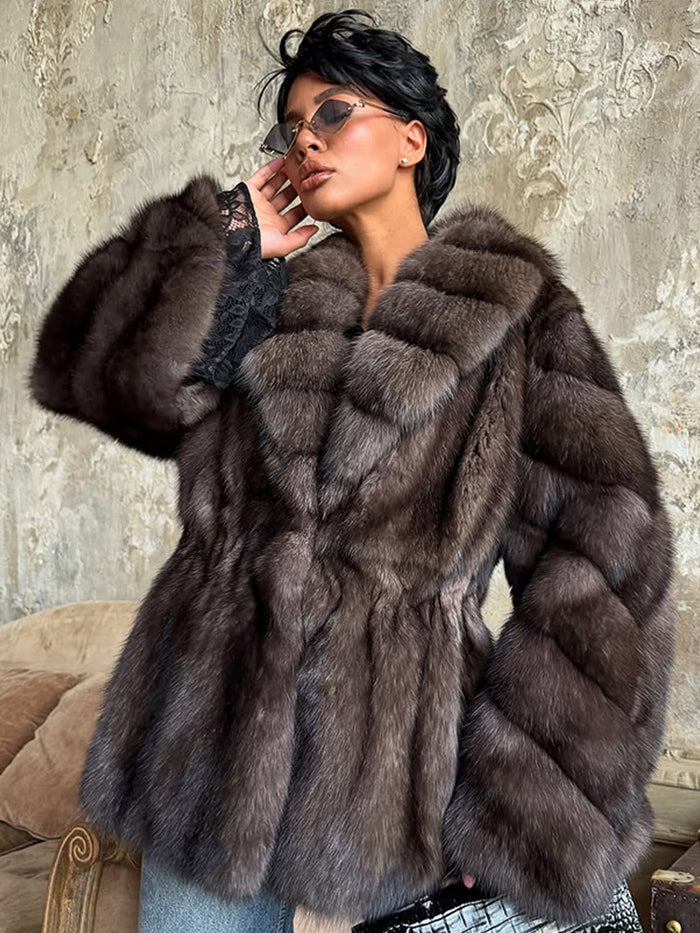 Elegant Color-blocked Fur Coat With A Lapel And Long Sleeves by Ricaloux