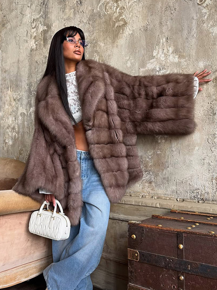 Elegant Color-blocked Fur Coat With A Lapel And Long Sleeves by Ricaloux
