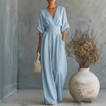 Elegant Deep V Neck Waist Wrap Sleeve Wide Leg Floor Length Jumpsuit – Premium 4 | RICALOUX