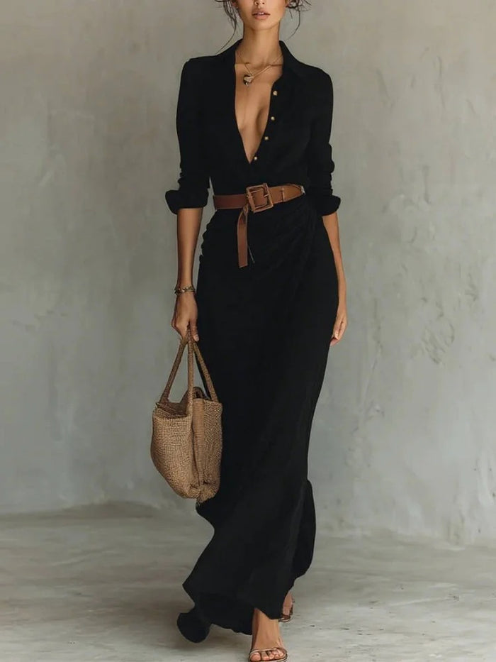 Elegant Shirt Maxi Dress With Belt - Turn Down Collar Long Sleeve Ruched Wrap Dress For Women by Ricaloux