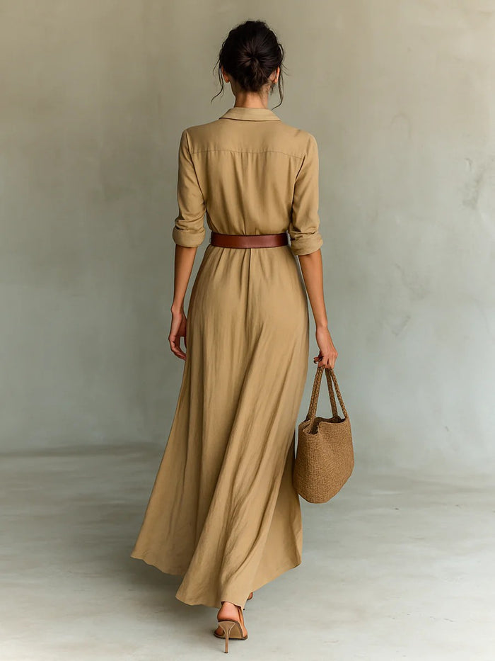 Elegant Shirt Maxi Dress With Belt - Turn Down Collar Long Sleeve Ruched Wrap Dress For Women by Ricaloux