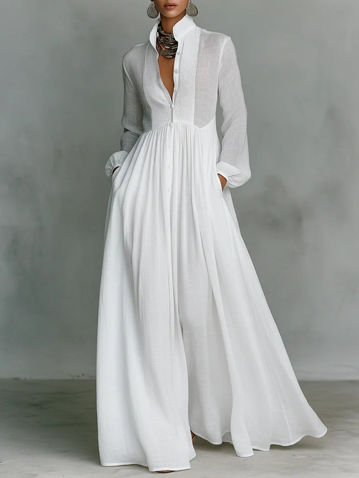 Elegant Stand Collar Button Down Maxi Dress - Long Sleeve Pleated Flowy Gown With Pockets by Ricaloux