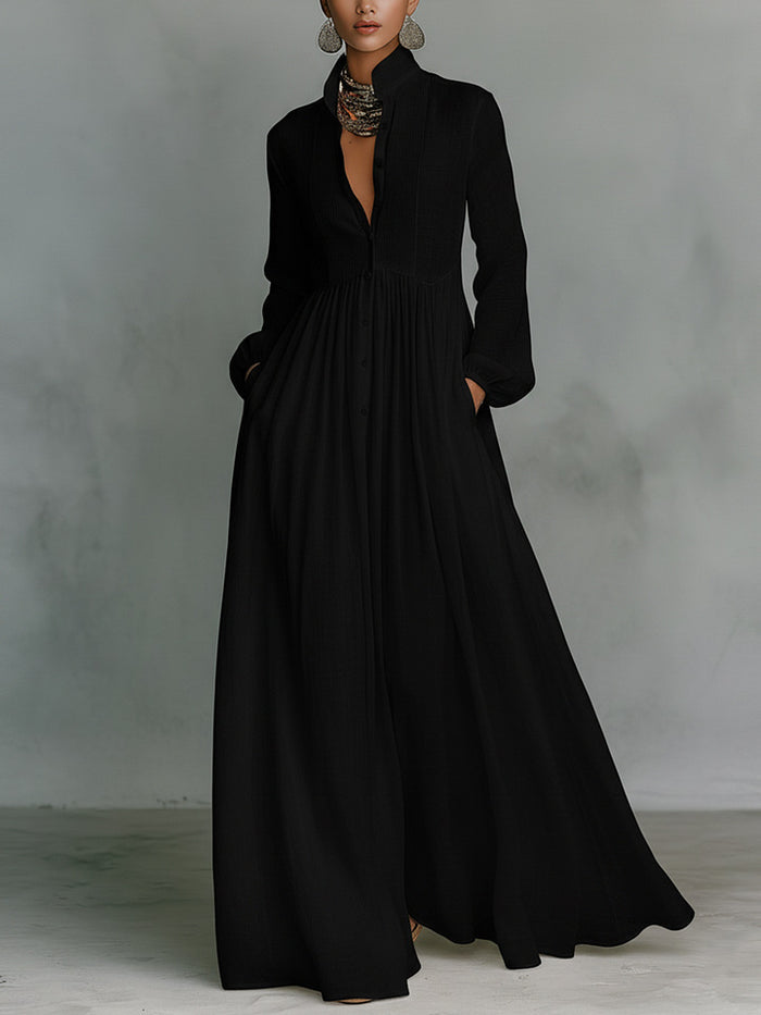 Elegant Stand Collar Button Down Maxi Dress - Long Sleeve Pleated Flowy Gown With Pockets by Ricaloux