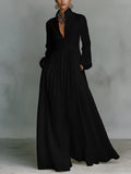 Elegant Stand Collar Button Down Maxi Dress - Long Sleeve Pleated Flowy Gown With Pockets by Ricaloux