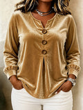 Elegant V-neck Buttoned Long-sleeve Velvet Blouse For Women – Premium 0 | RICALOUX