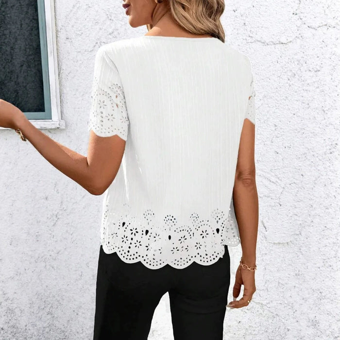 European And American Plus Size Womens Round Neck Hollow Out Short Sleeve Top With Burned Out Floral Design – Premium 0 | RICALOUX