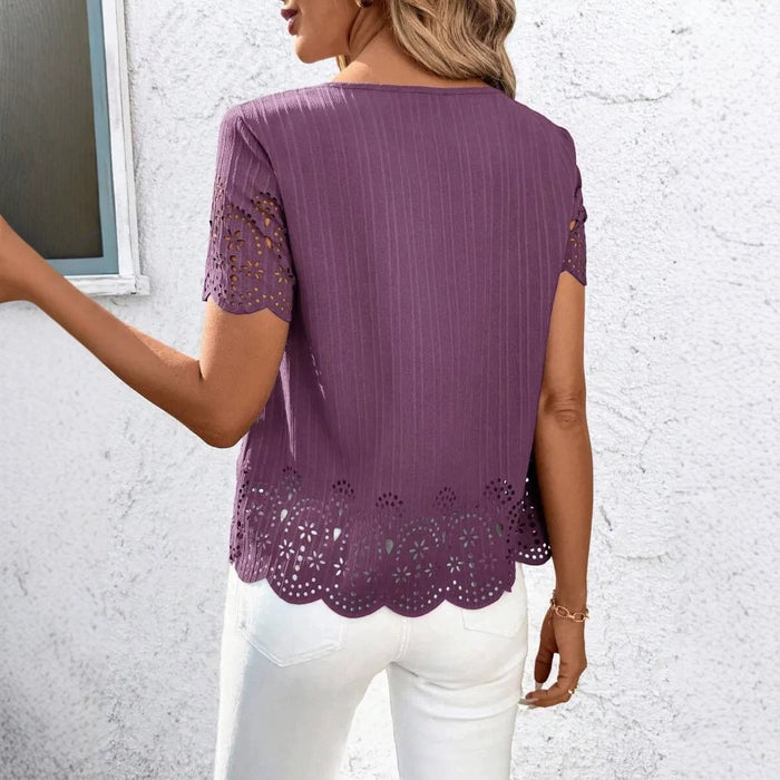 European And American Plus Size Womens Round Neck Hollow Out Short Sleeve Top With Burned Out Floral Design – Premium 0 | RICALOUX