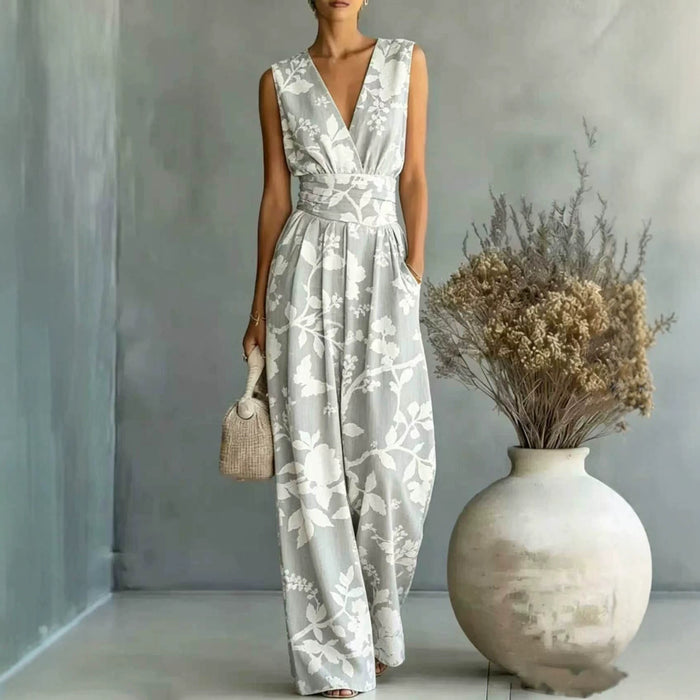 European And American-style Deep V-neck Sleeveless Printed Jumpsuit – Premium 0 | RICALOUX
