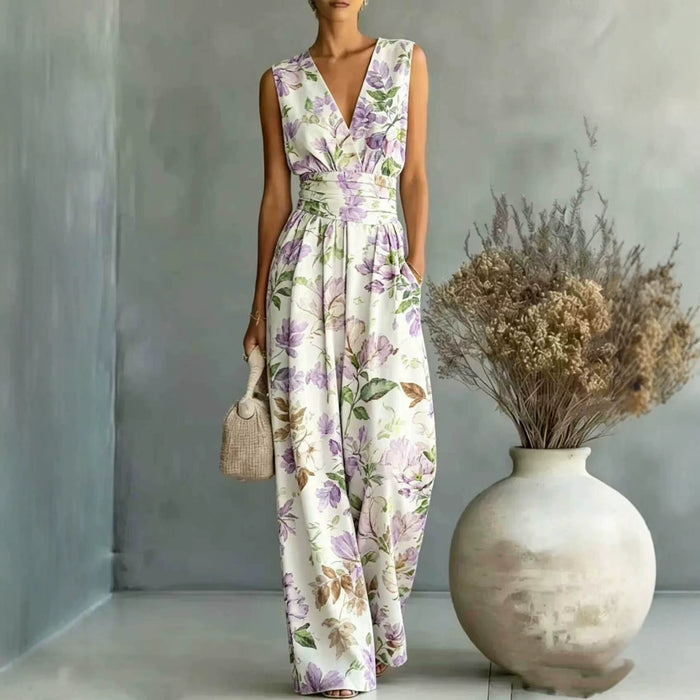 European And American-style Deep V-neck Sleeveless Printed Jumpsuit – Premium 0 | RICALOUX