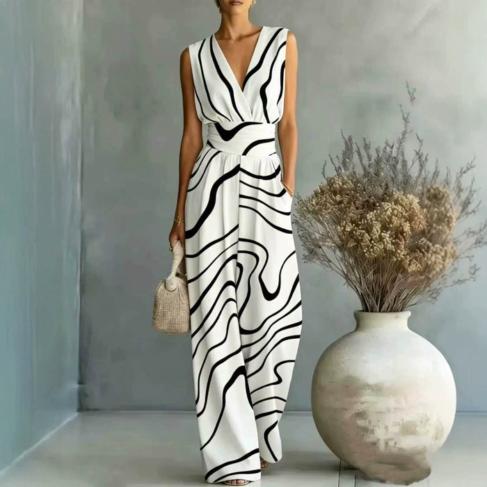 European And American-style Deep V-neck Sleeveless Printed Jumpsuit – Premium 0 | RICALOUX