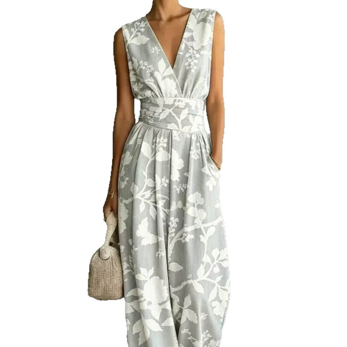 European And American-style Deep V-neck Sleeveless Printed Jumpsuit – Premium 0 | RICALOUX