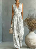 European And American-style Deep V-neck Sleeveless Printed Jumpsuit – Premium 0 | RICALOUX