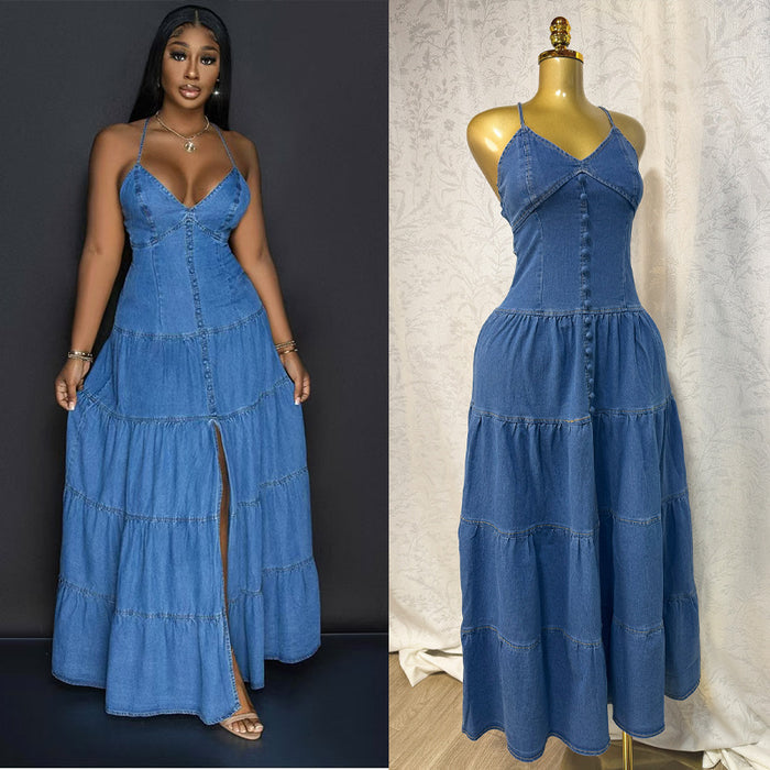 Fashionable V-neck Strapless Backless Denim Dress With Tie Detailing by Ricaloux