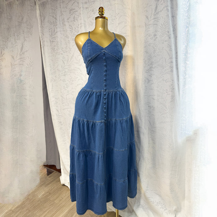 Fashionable V-neck Strapless Backless Denim Dress With Tie Detailing by Ricaloux
