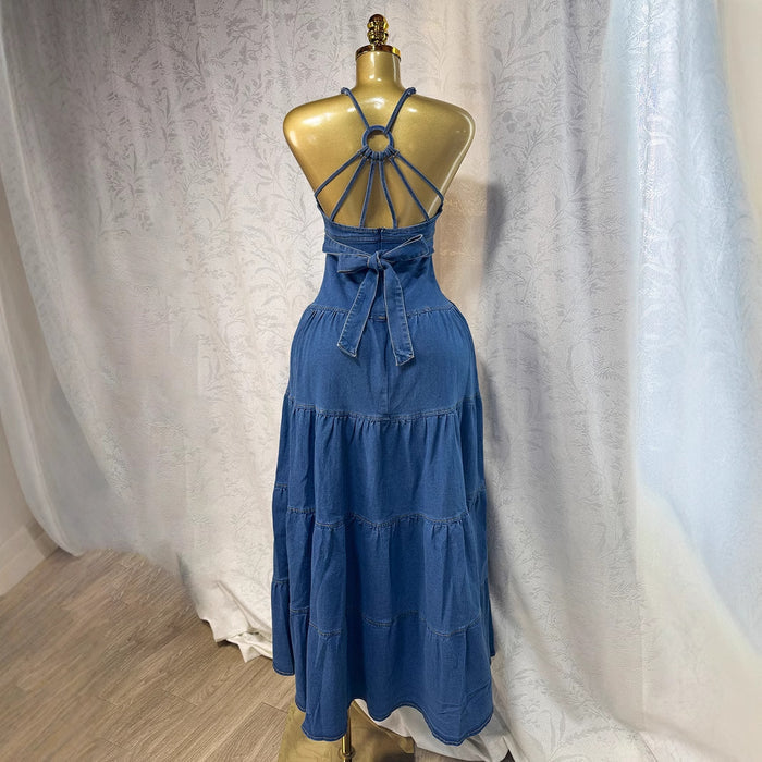Fashionable V-neck Strapless Backless Denim Dress With Tie Detailing by Ricaloux