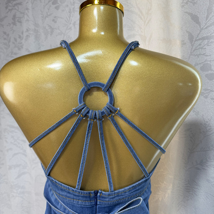 Fashionable V-neck Strapless Backless Denim Dress With Tie Detailing by Ricaloux