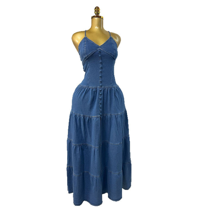 Fashionable V-neck Strapless Backless Denim Dress With Tie Detailing by Ricaloux