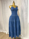 Fashionable V-neck Strapless Backless Denim Dress With Tie Detailing by Ricaloux