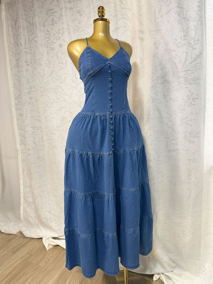 Fashionable V-neck Strapless Backless Denim Dress With Tie Detailing by Ricaloux