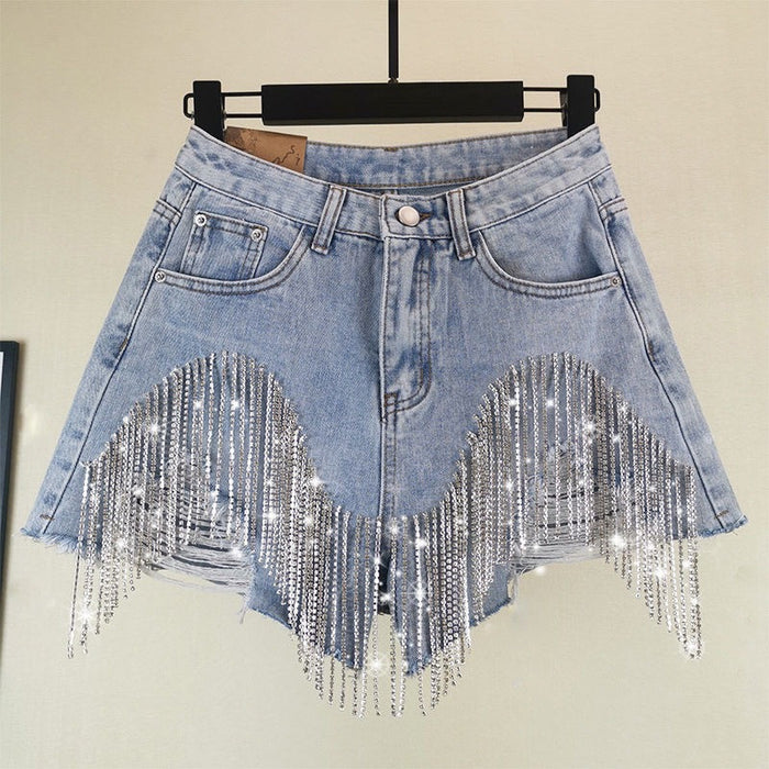 Fashionable Womens Shorts With Ripped Edges Tassels And A Sexy Chain Detail – Premium 0 | RICALOUX