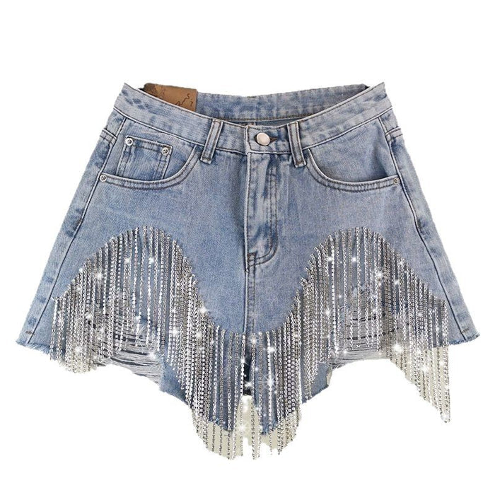 Fashionable Womens Shorts With Ripped Edges Tassels And A Sexy Chain Detail – Premium 0 | RICALOUX