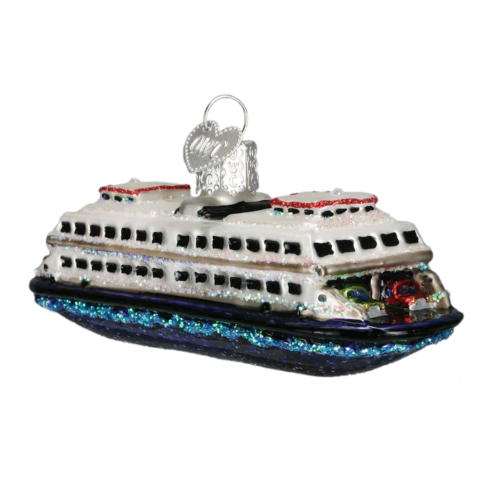Decorative glass ornament of a ferry on a white background