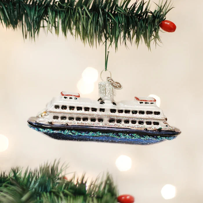 A Ferry ornament hanging on a Christmas tree with lights and decorations.