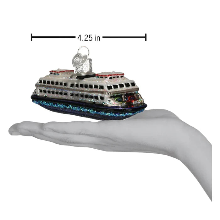 Glass Ferry Ornament held in a hand with measurement label