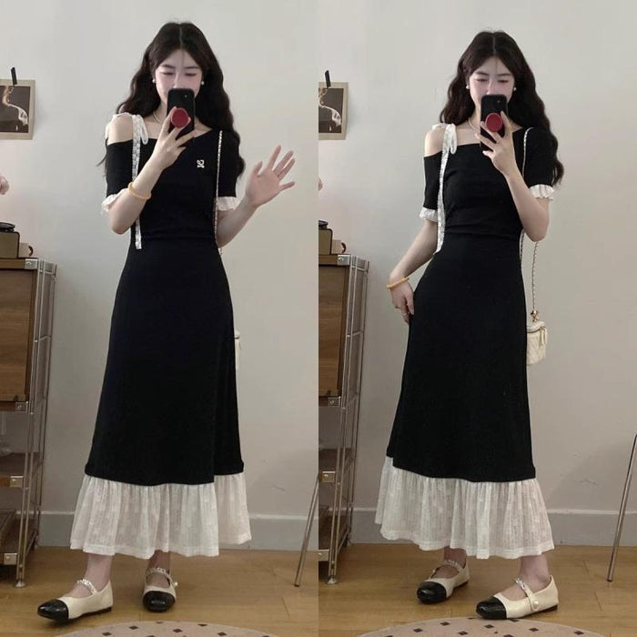 Fitted-waist Figure-flattering Long Lace-panel Dress – Premium 0 | RICALOUX