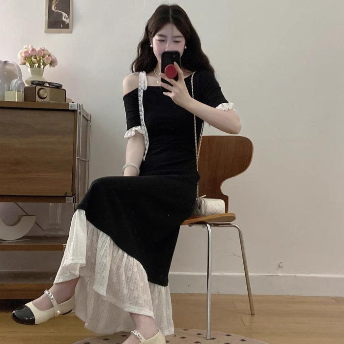 Fitted-waist Figure-flattering Long Lace-panel Dress – Premium 0 | RICALOUX