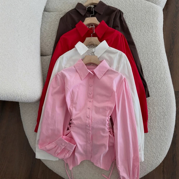 Fitted-waist, Long-sleeve Womens Single-breasted Blouse by Ricaloux