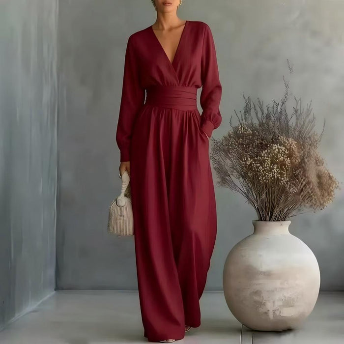 Fitted-waist V-neck Long-sleeve Womens Solid-color Jumpsuit – Premium 0 | RICALOUX