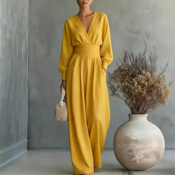 Fitted-waist V-neck Long-sleeve Womens Solid-color Jumpsuit – Premium 0 | RICALOUX