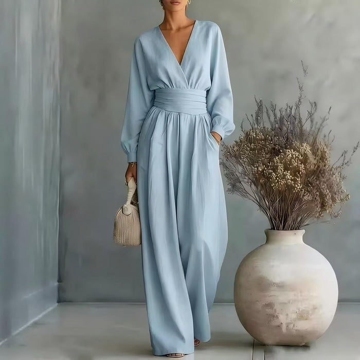 Fitted-waist V-neck Long-sleeve Womens Solid-color Jumpsuit – Premium 0 | RICALOUX