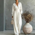 Fitted-waist V-neck Long-sleeve Womens Solid-color Jumpsuit – Premium 0 | RICALOUX
