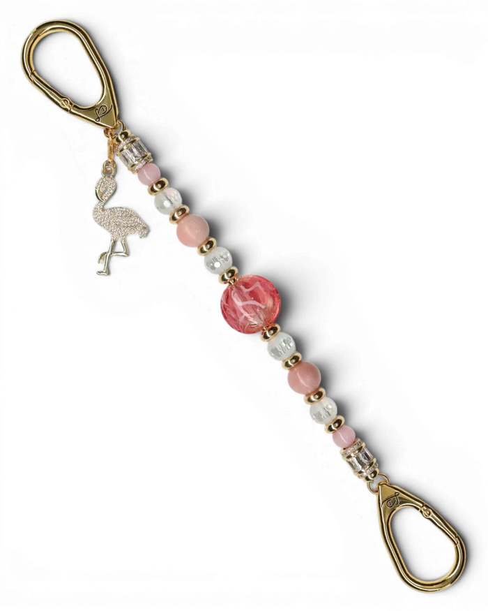 LD Keyfinder Flamingo Fantasy beaded keychain with pink opal, cat's eye beads, and a gold rhinestone flamingo charm.