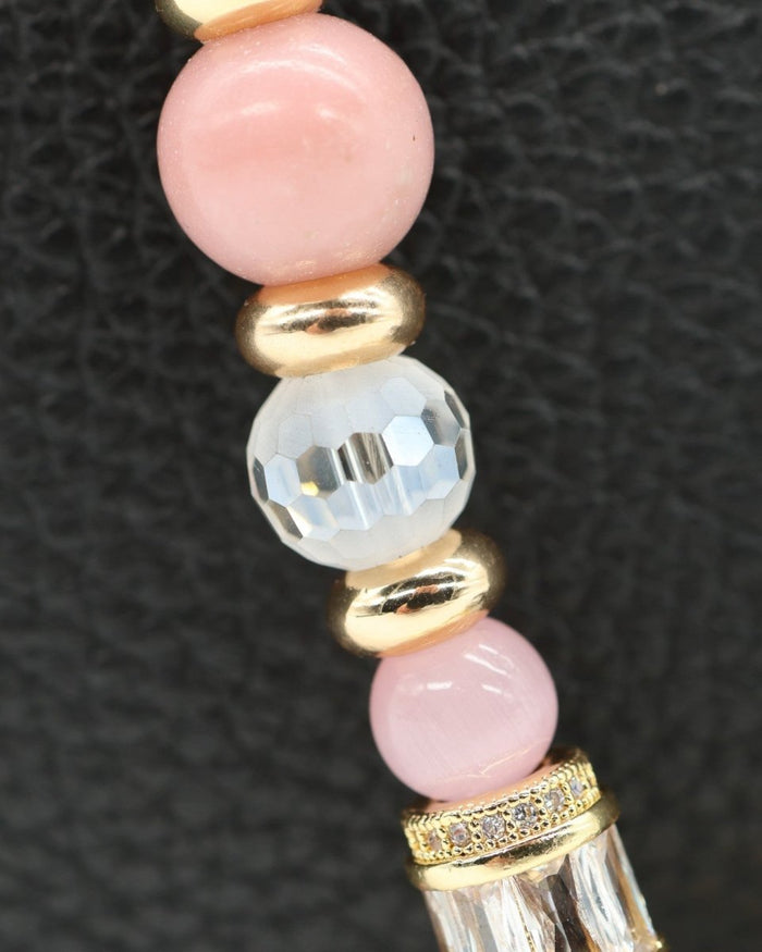 LD Keyfinder Flamingo Fantasy beaded accessory with pink opal, cat's eye, crystal beads, and gold plated accents.
