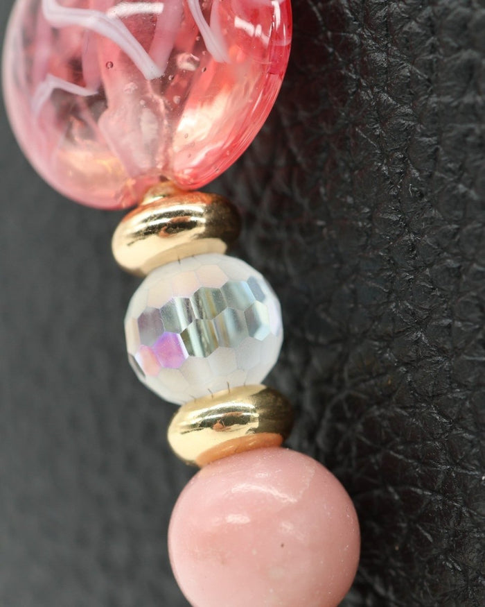 LD Keyfinder Flamingo Fantasy beaded accessory with pink opal, cat's eye, crystal glass, and 18KT gold plated beads.