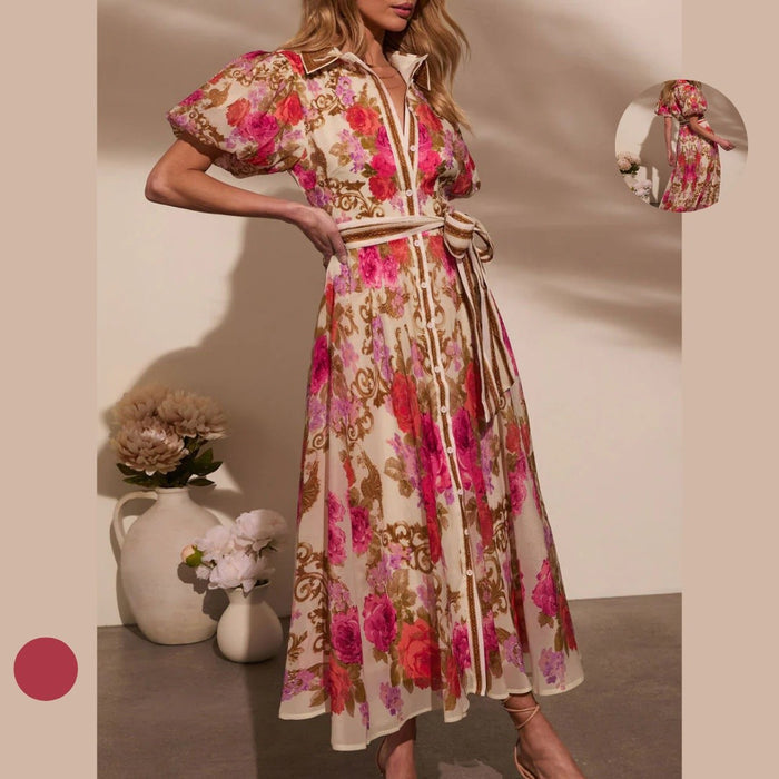 French-style Satin Long Dress With A Rose Print And Button Detailing – Premium 0 | RICALOUX