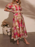 French-style Satin Long Dress With A Rose Print And Button Detailing – Premium 0 | RICALOUX