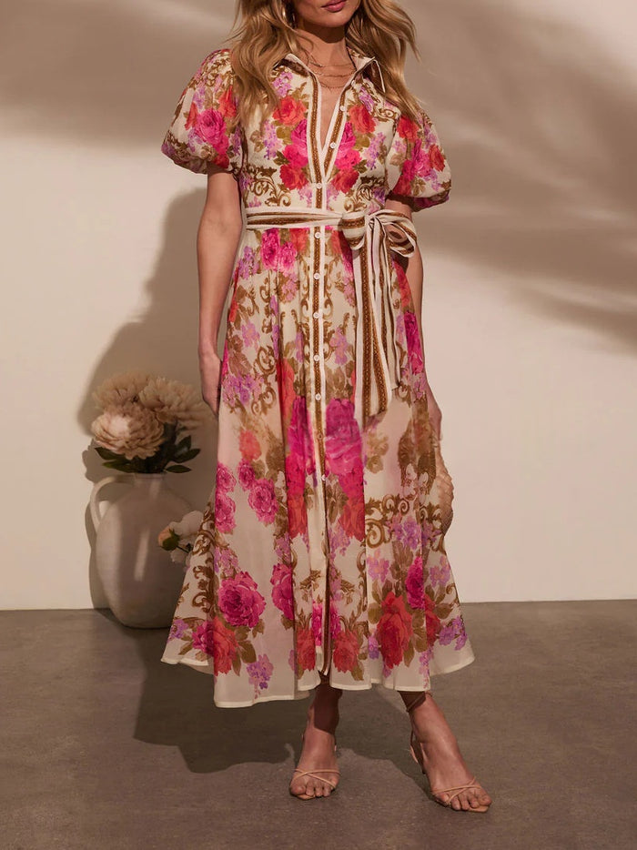 French-style Satin Long Dress With A Rose Print And Button Detailing – Premium 0 | RICALOUX