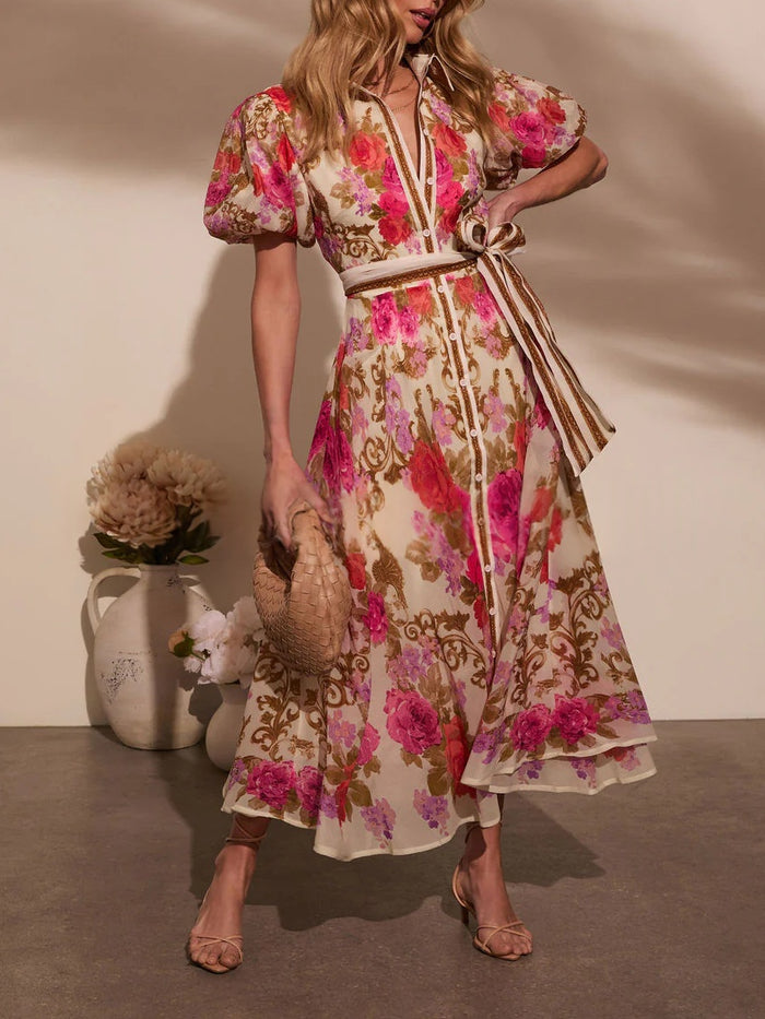 French-style Satin Long Dress With A Rose Print And Button Detailing – Premium 0 | RICALOUX