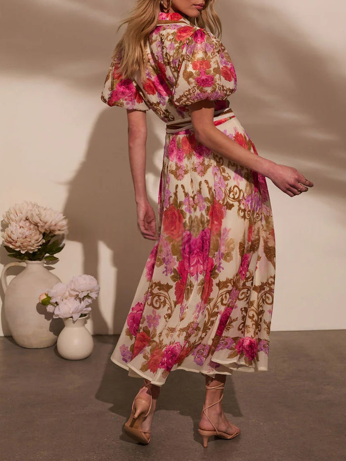 French-style Satin Long Dress With A Rose Print And Button Detailing – Premium 0 | RICALOUX
