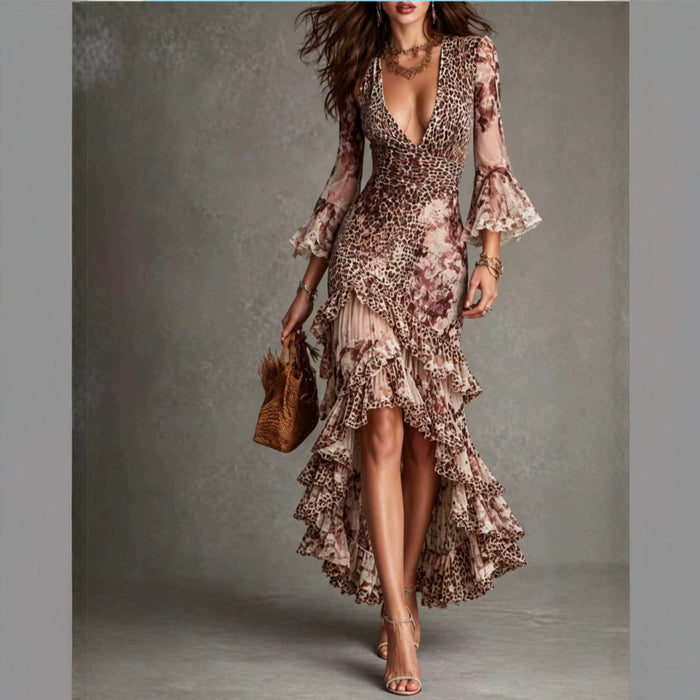 French-style Vintage Leopard-print Flared-sleeve Floral-lace Waist-cinching Asymmetrical Maxi Dress – Premium 0 | RICALOUX