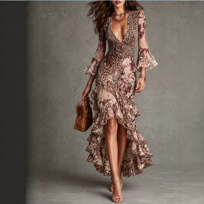 French-style Vintage Leopard-print Flared-sleeve Floral-lace Waist-cinching Asymmetrical Maxi Dress – Premium 0 | RICALOUX