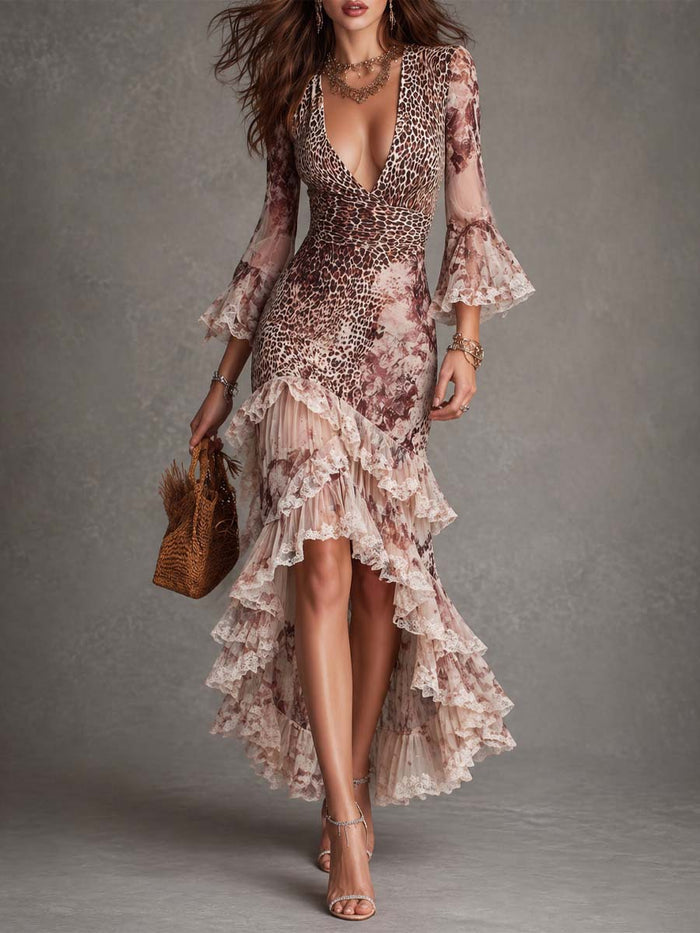 French-style Vintage Leopard-print Flared-sleeve Floral-lace Waist-cinching Asymmetrical Maxi Dress – Premium 0 | RICALOUX