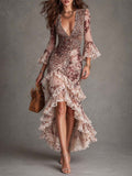 French-style Vintage Leopard-print Flared-sleeve Floral-lace Waist-cinching Asymmetrical Maxi Dress – Premium 0 | RICALOUX